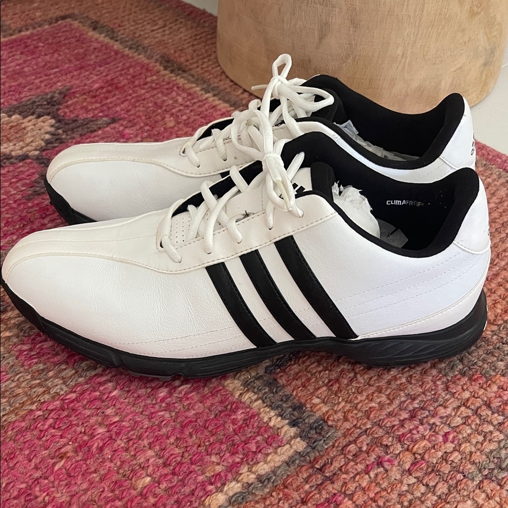adidas White and Black Men's Golf Shoes with Signature Three Stripes